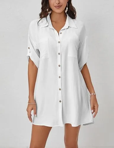 3/4 Sleeve Bikini  Button Down Cover Up