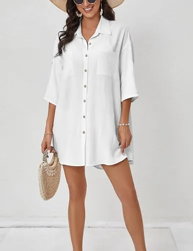 3/4 Sleeve Bikini  Button Down Cover Up