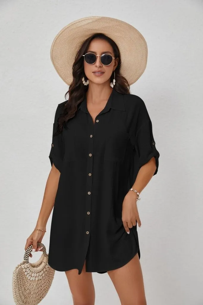 3/4 Sleeve Bikini  Button Down Cover Up