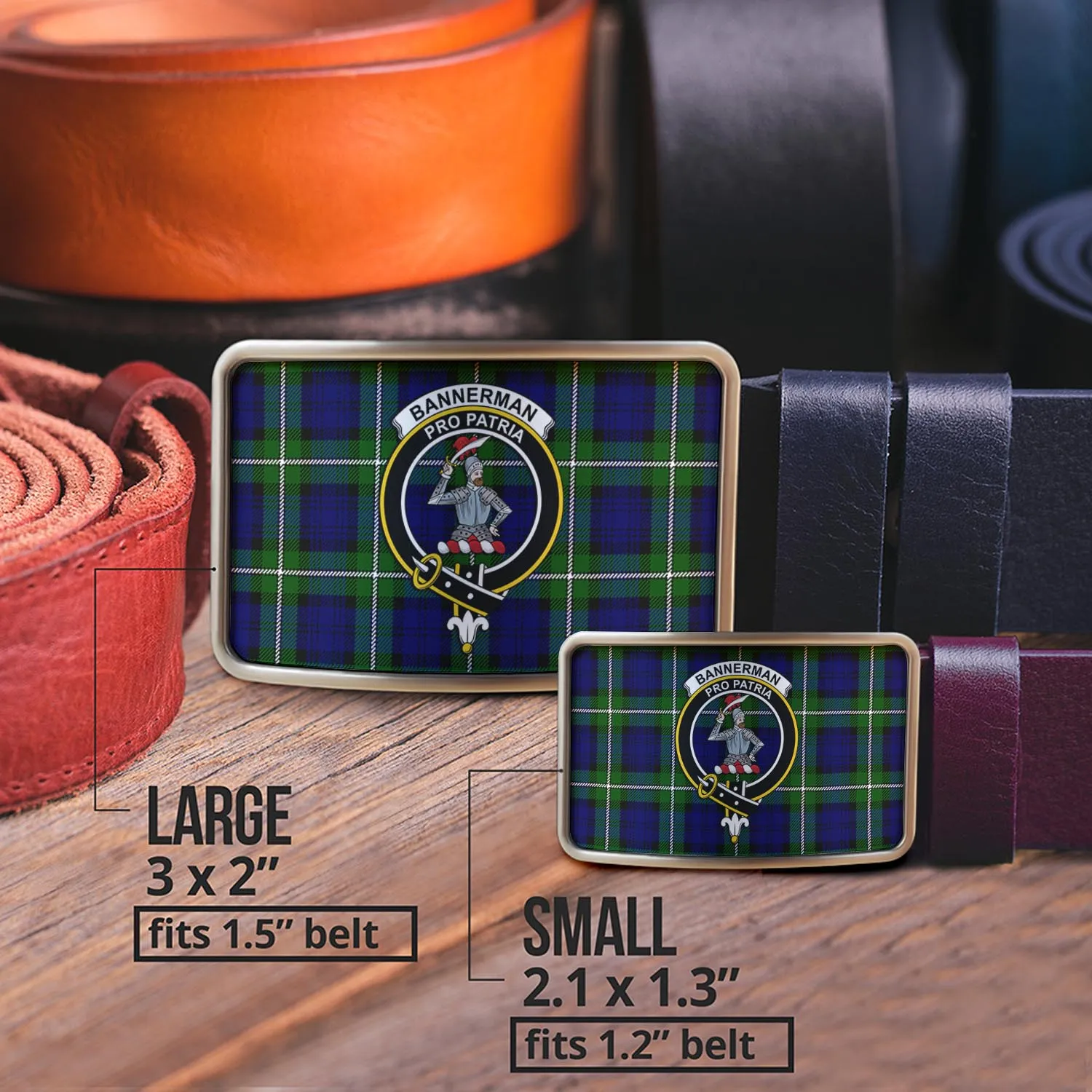 Bannerman Tartan Belt Buckles with Family Crest
