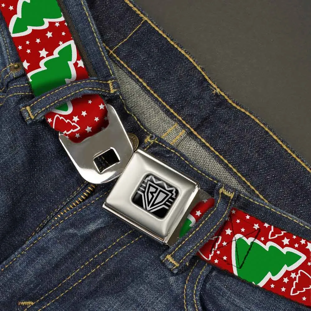 BD Wings Logo CLOSE-UP Full Color Black Silver Seatbelt Belt - Christmas Trees/Stars Red/White/Green Webbing