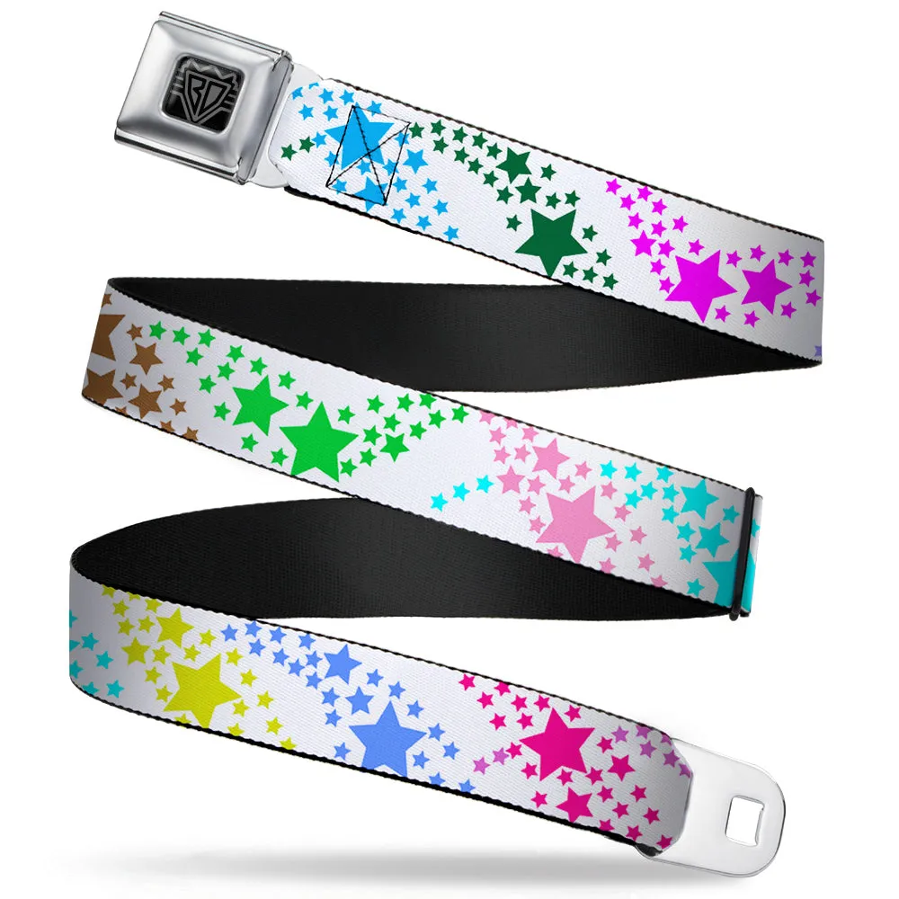 BD Wings Logo CLOSE-UP Full Color Black Silver Seatbelt Belt - Falling Stars White/Multi Color Webbing