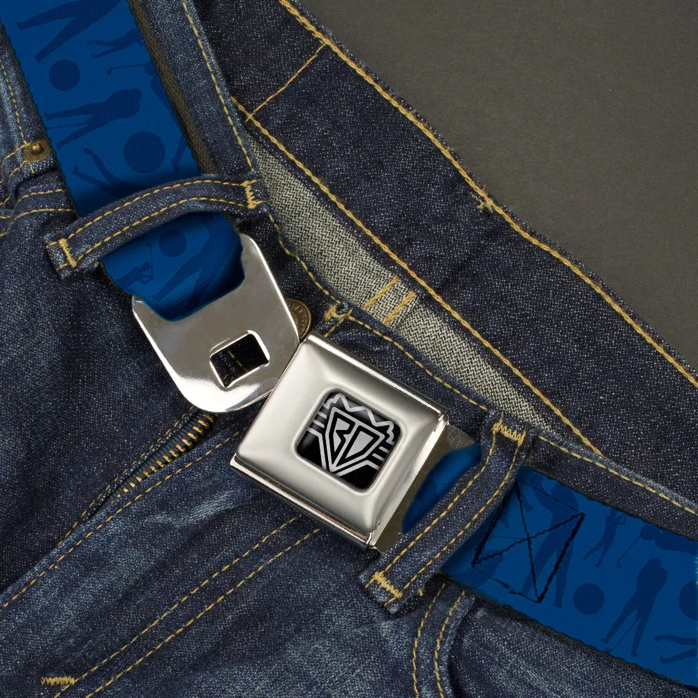 BD Wings Logo CLOSE-UP Full Color Black Silver Seatbelt Belt - Golfing Silhouettes Collage Blues Webbing