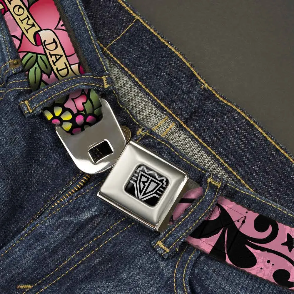 BD Wings Logo CLOSE-UP Full Color Black Silver Seatbelt Belt - Mom & Dad Pink Webbing