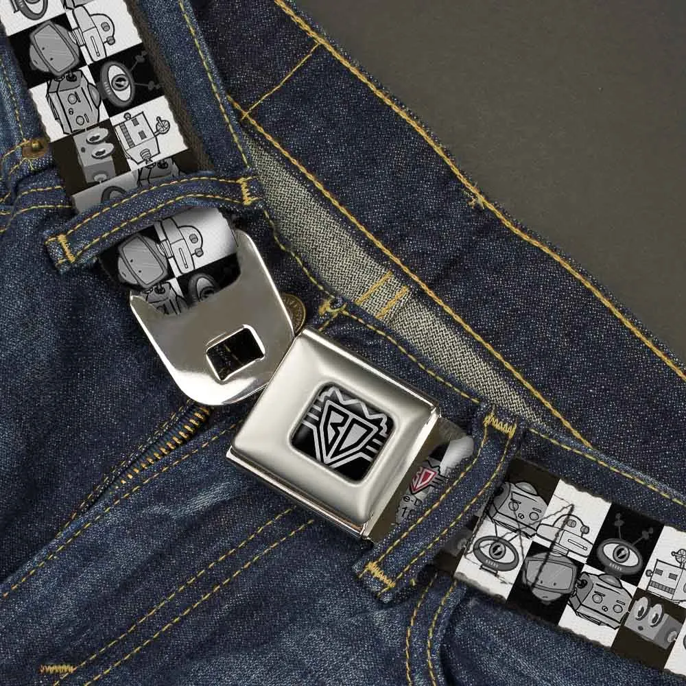 BD Wings Logo CLOSE-UP Full Color Black Silver Seatbelt Belt - Robot Heads Checkers Black/White Webbing