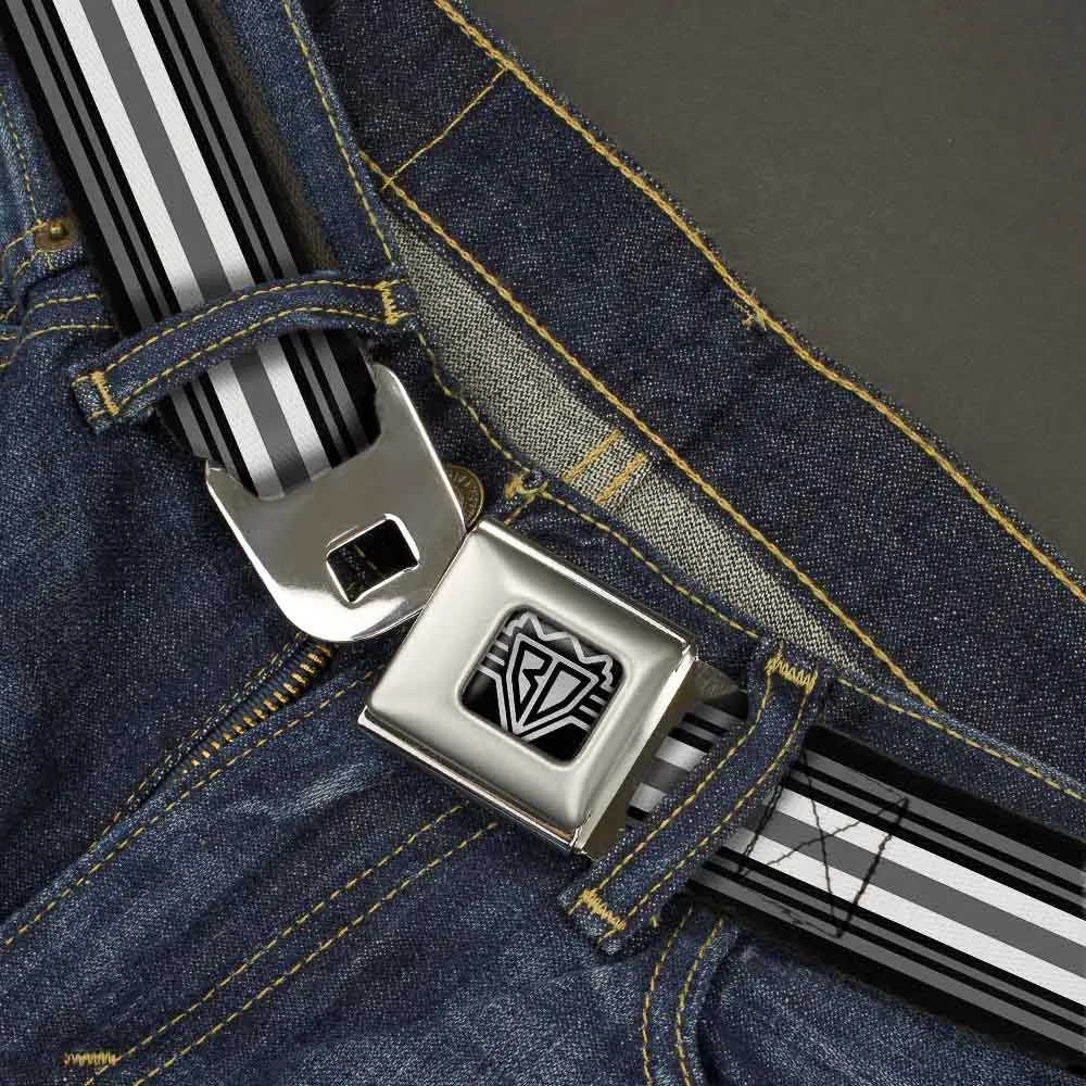 BD Wings Logo CLOSE-UP Full Color Black Silver Seatbelt Belt - Striped Black/Gray/White Webbing