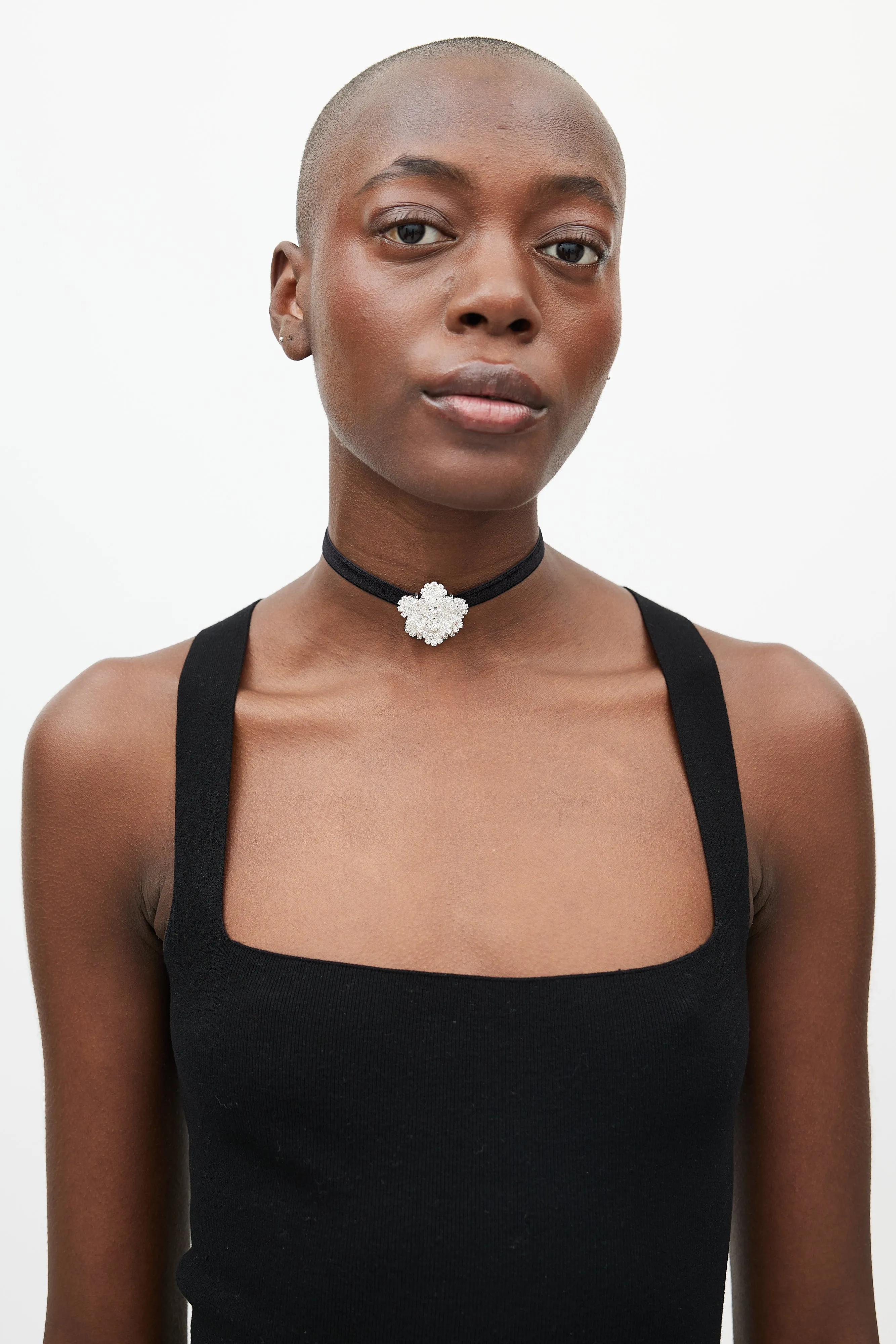 Black Velvet & Crystal Flower Tie Necklace