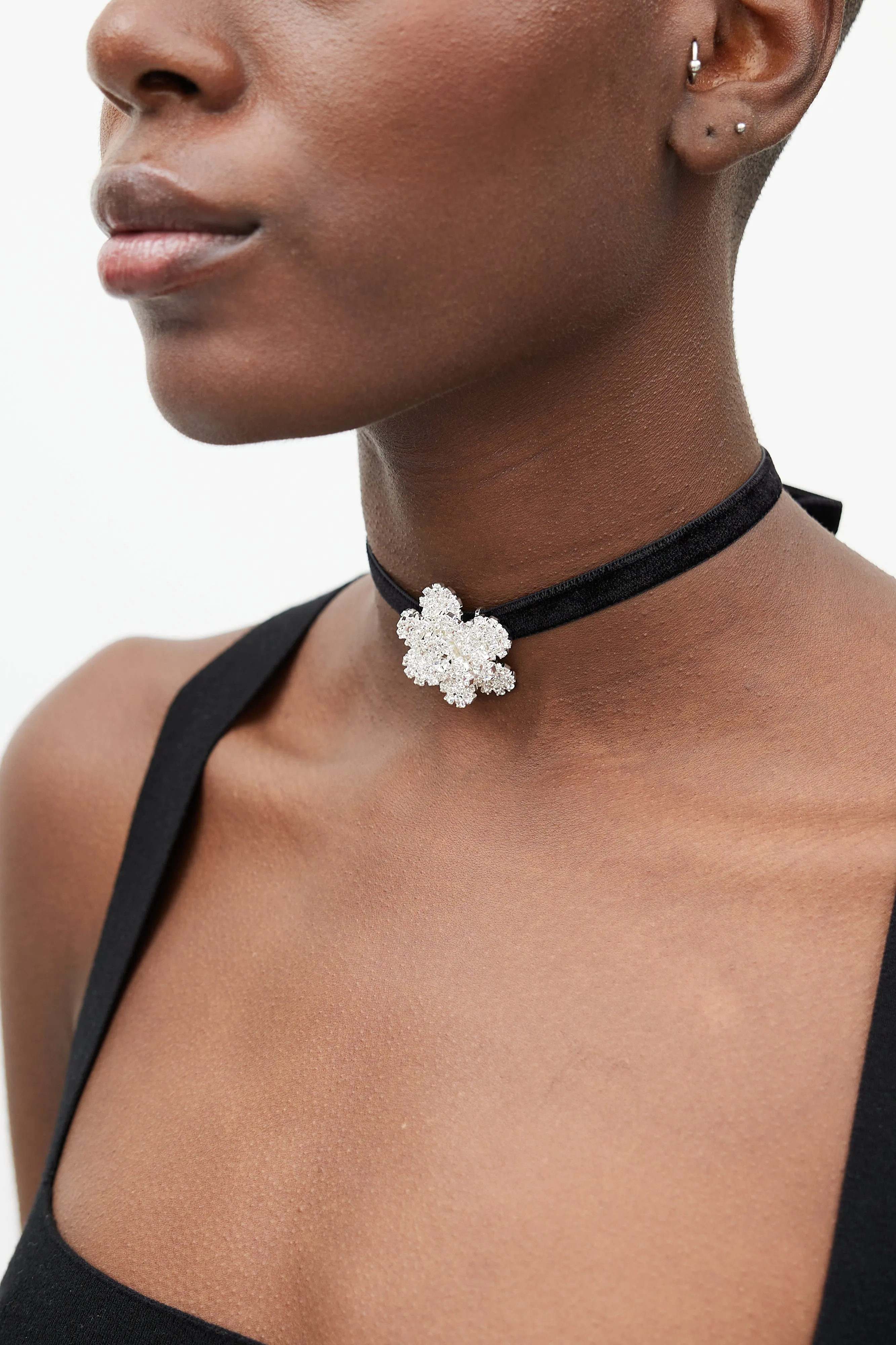 Black Velvet & Crystal Flower Tie Necklace