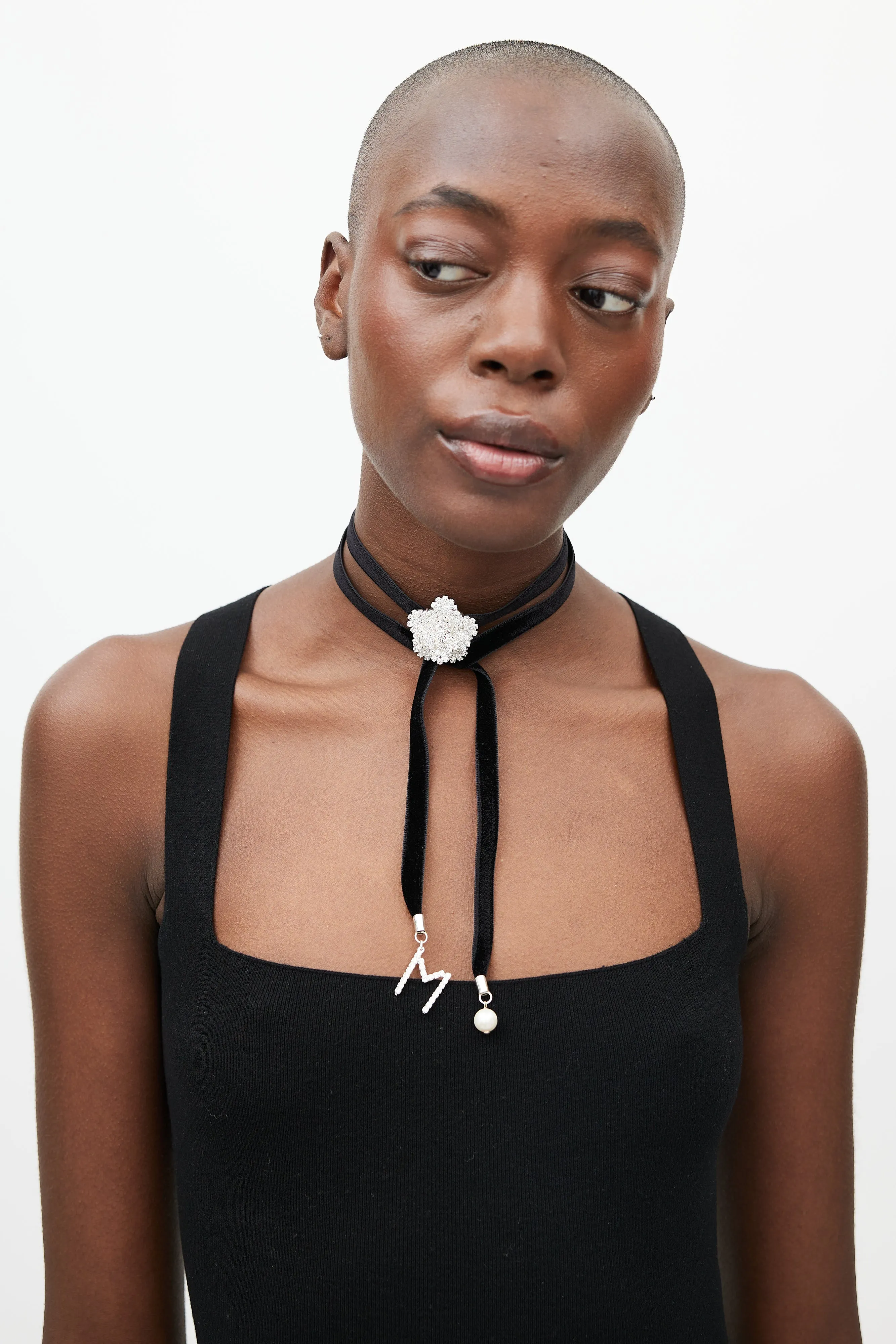Black Velvet & Crystal Flower Tie Necklace