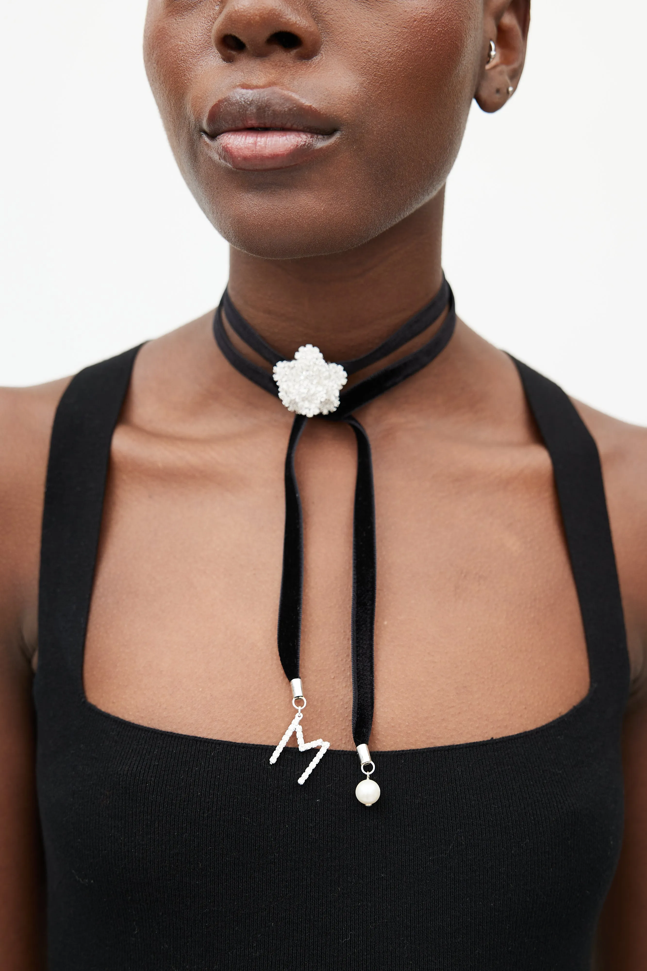 Black Velvet & Crystal Flower Tie Necklace