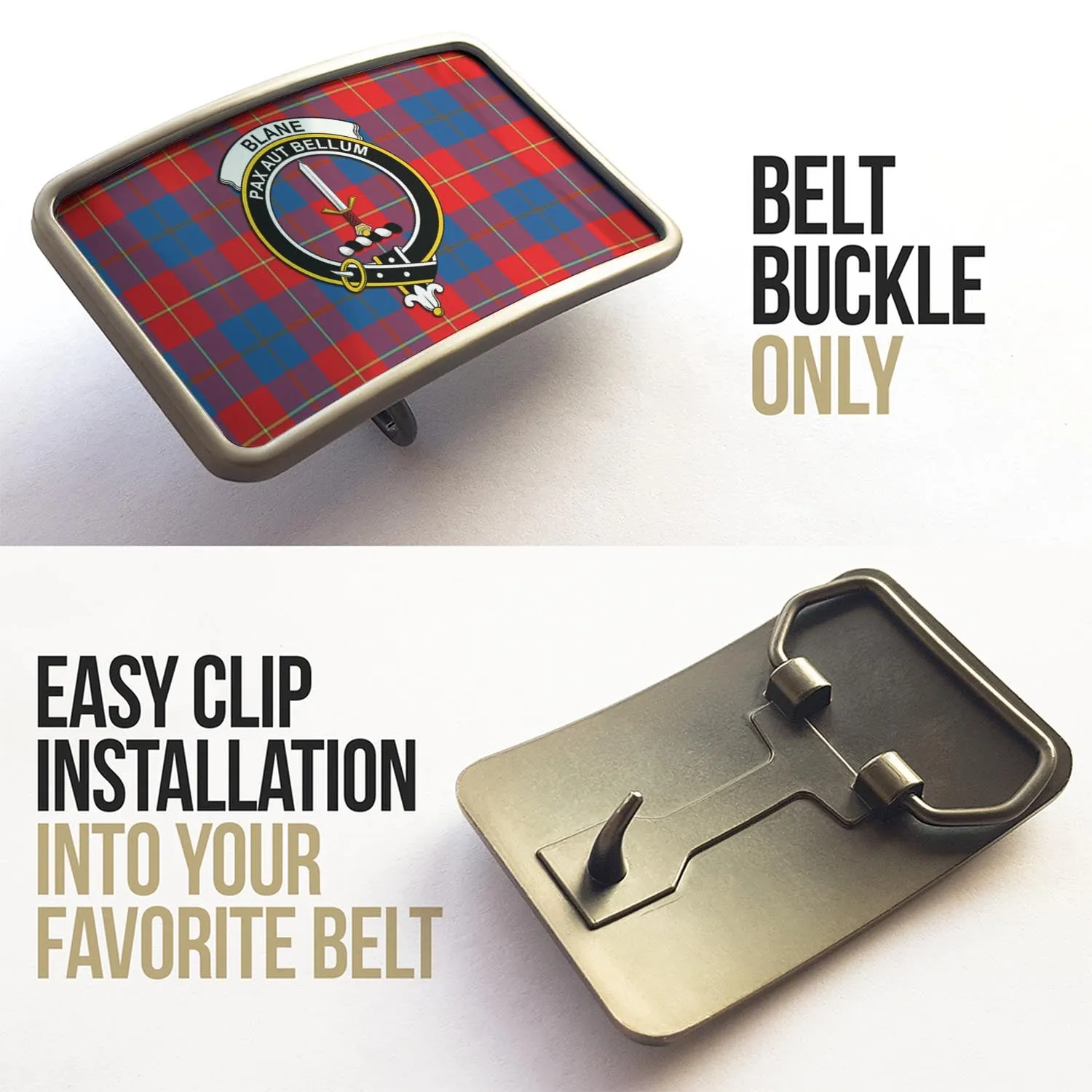 Blane Tartan Belt Buckles with Family Crest
