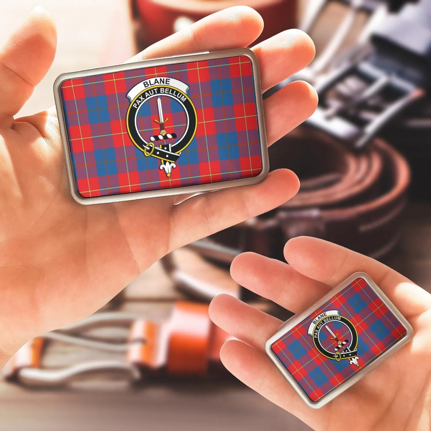 Blane Tartan Belt Buckles with Family Crest