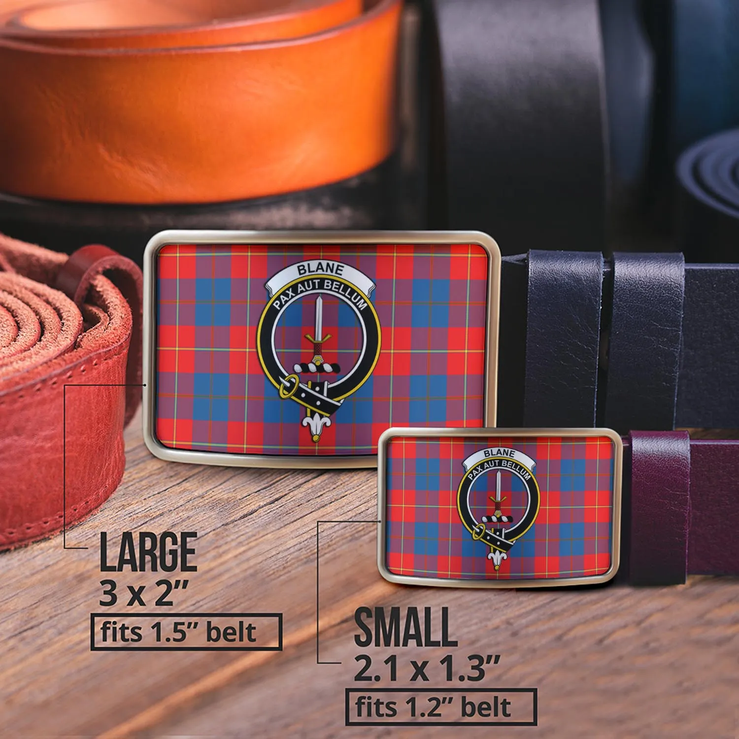 Blane Tartan Belt Buckles with Family Crest
