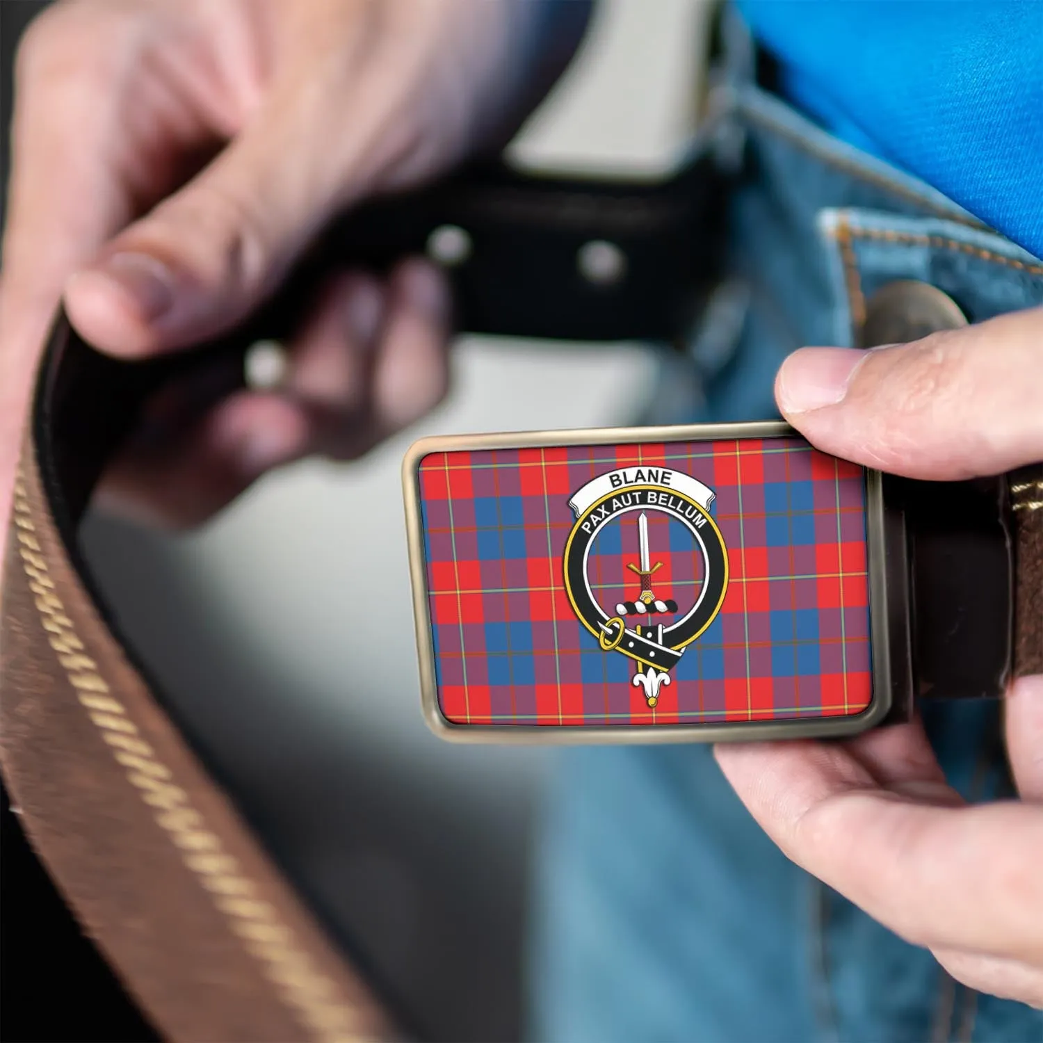 Blane Tartan Belt Buckles with Family Crest
