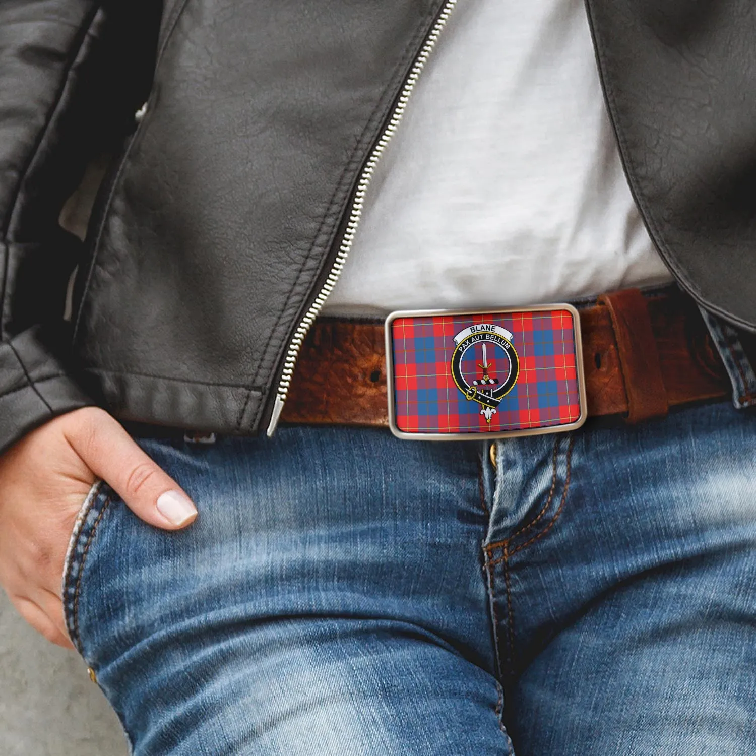 Blane Tartan Belt Buckles with Family Crest