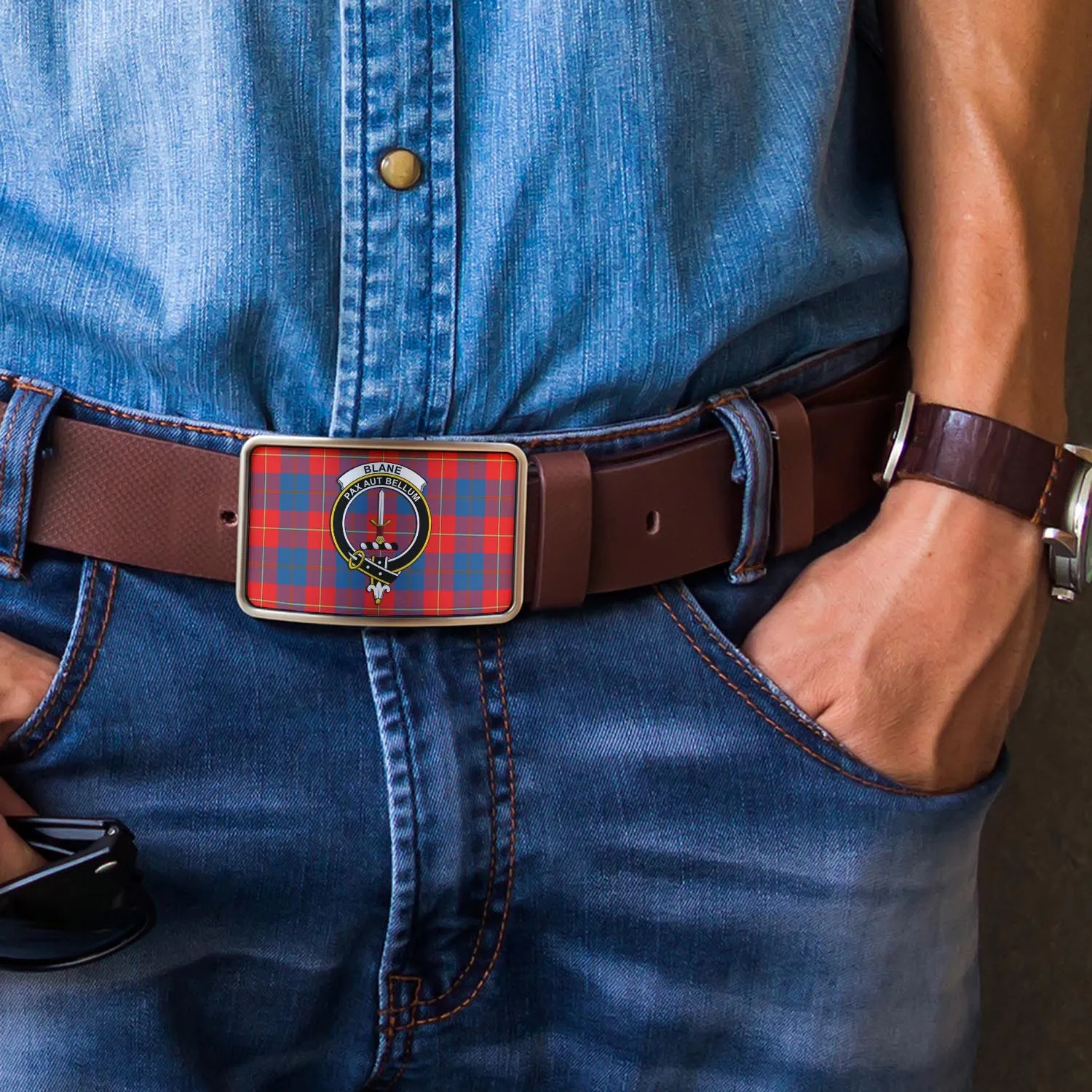 Blane Tartan Belt Buckles with Family Crest