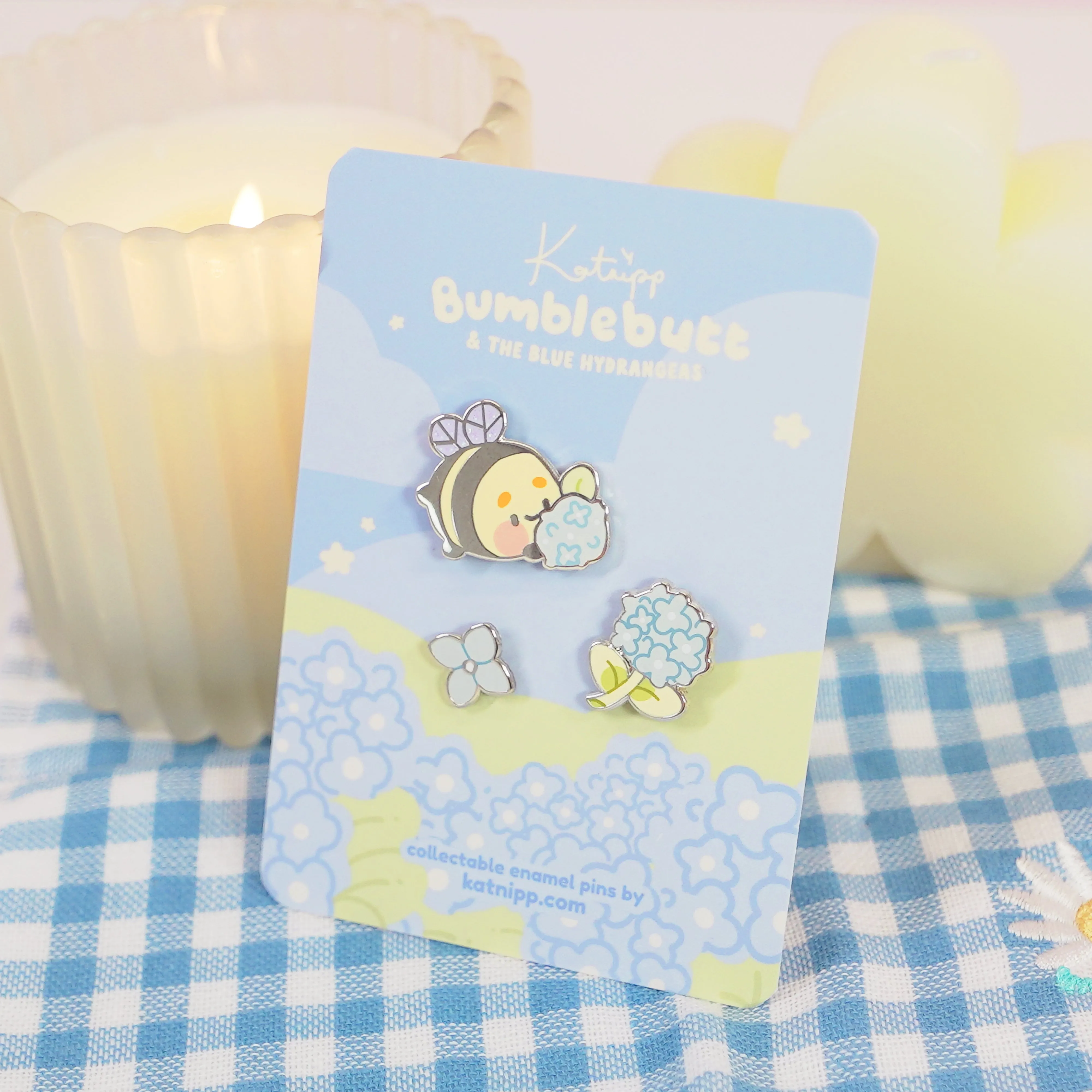 Bumblebutt & Blue Hydrangea Enamel Pin Bundle | Cute Kawaii Floral Pins for Jackets, Bags & Displays