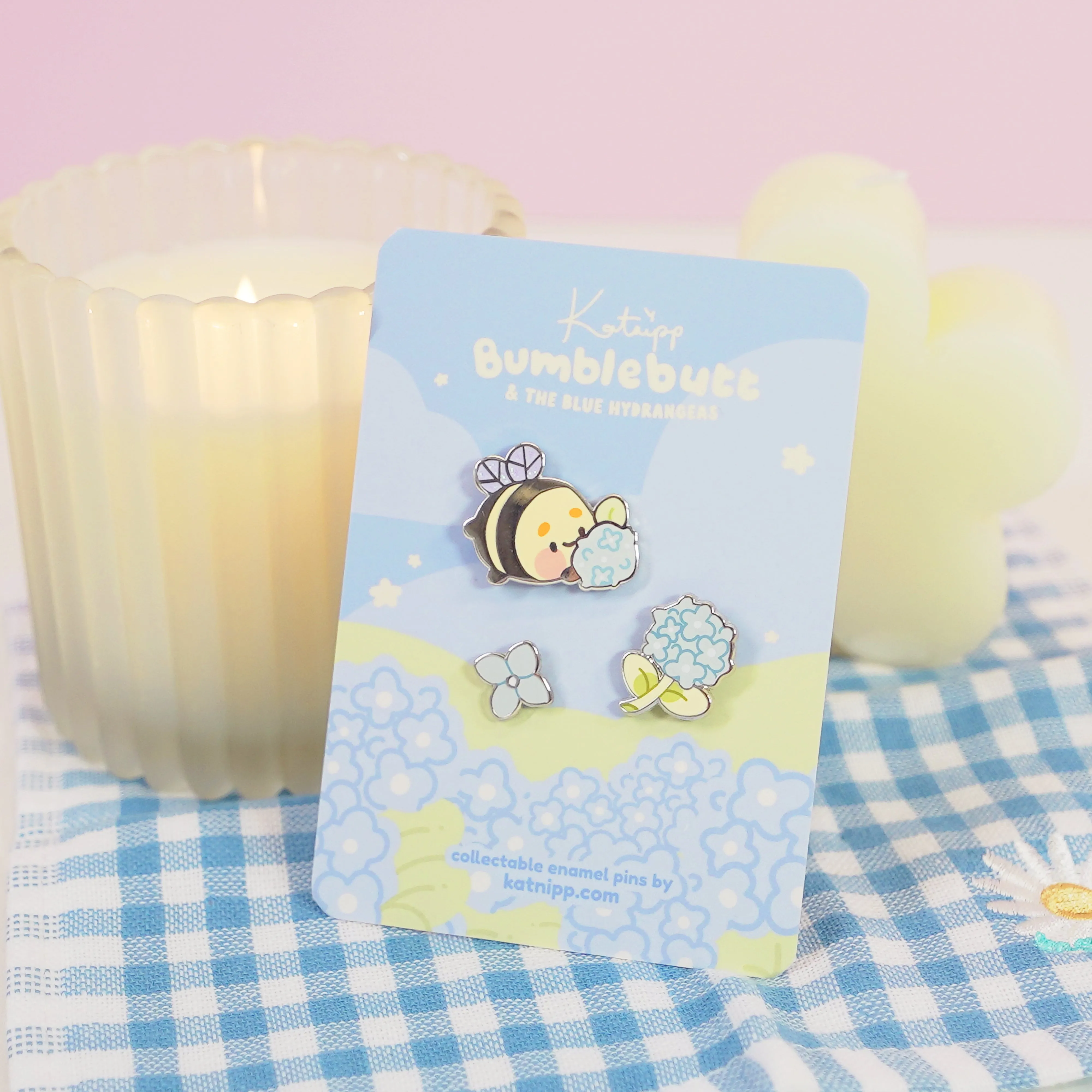 Bumblebutt & Blue Hydrangea Enamel Pin Bundle | Cute Kawaii Floral Pins for Jackets, Bags & Displays