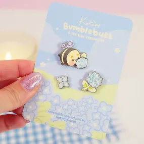 Bumblebutt & Blue Hydrangea Enamel Pin Bundle | Cute Kawaii Floral Pins for Jackets, Bags & Displays