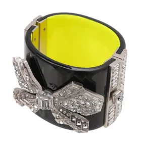 Chanel Bicolor Crystal Embellished Metal Bow Resin Wide Cuff Bracelet