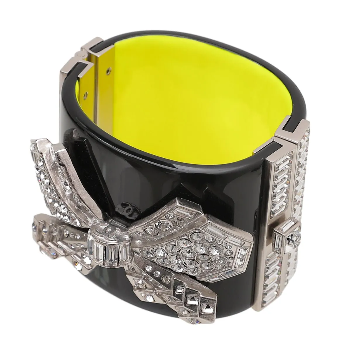 Chanel Bicolor Crystal Embellished Metal Bow Resin Wide Cuff Bracelet