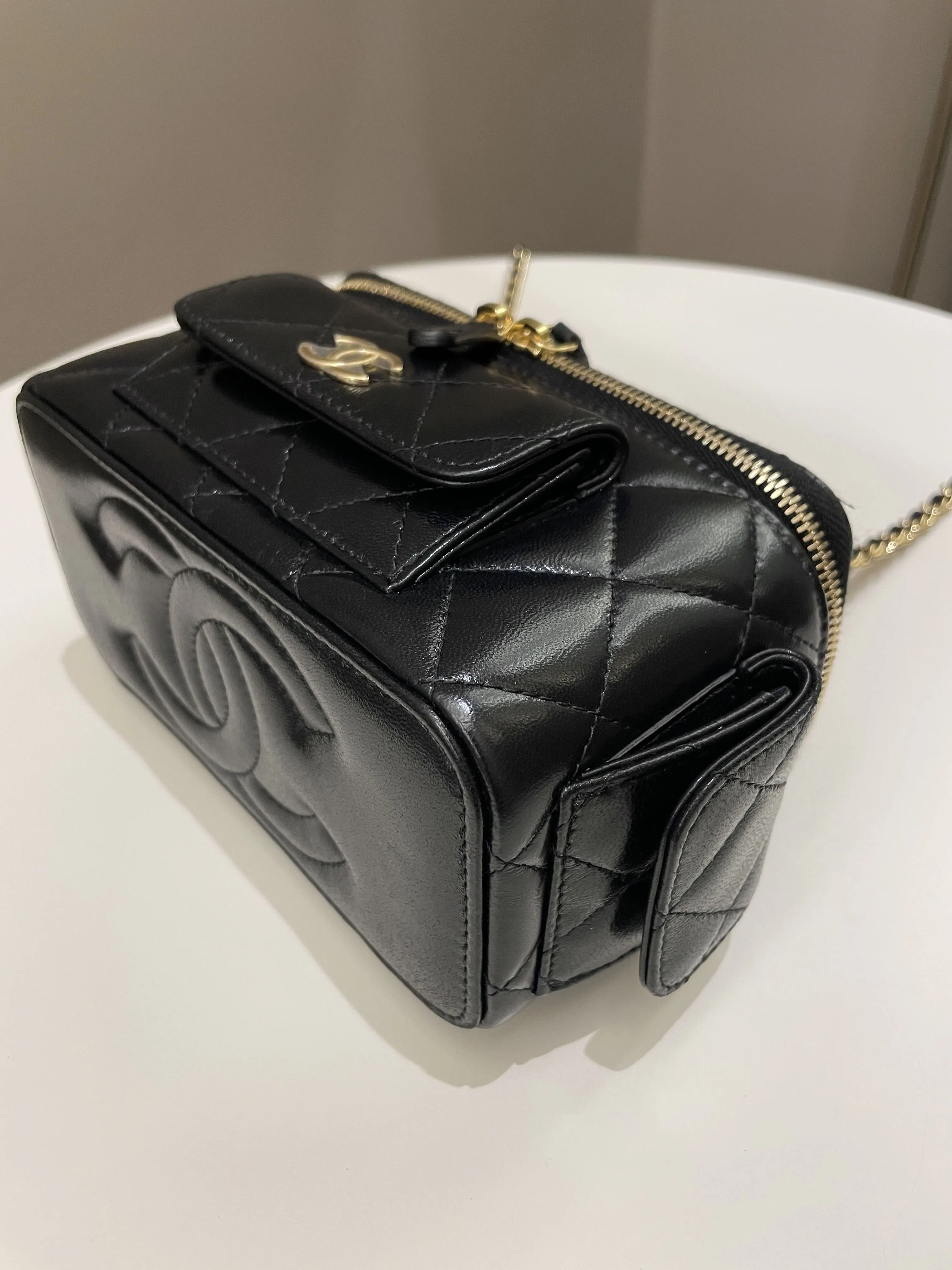 Chanel Polly Pocket Multi Pocket Vanity Case Bag Black Glazed Lambskin