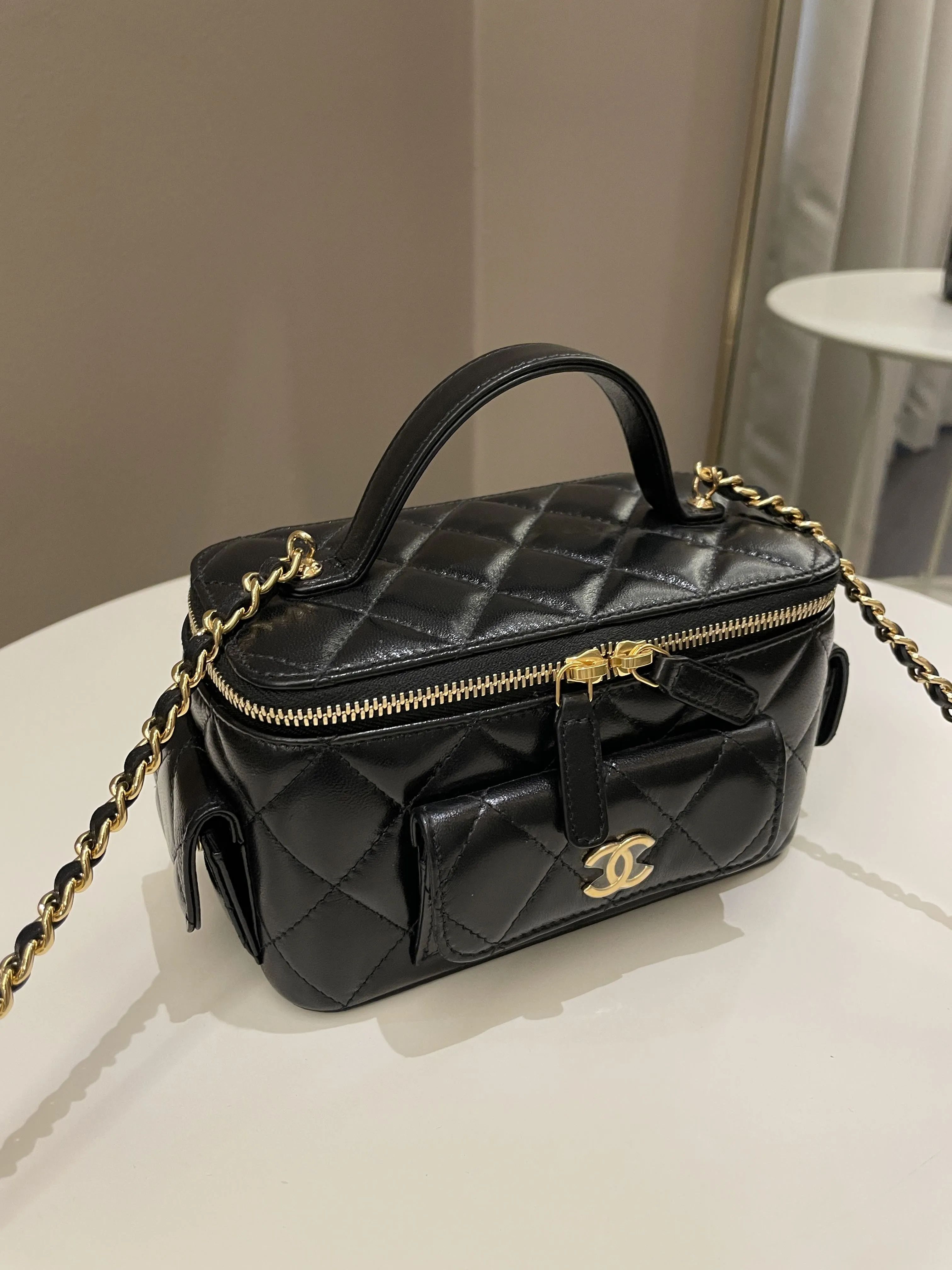 Chanel Polly Pocket Multi Pocket Vanity Case Bag Black Lambskin