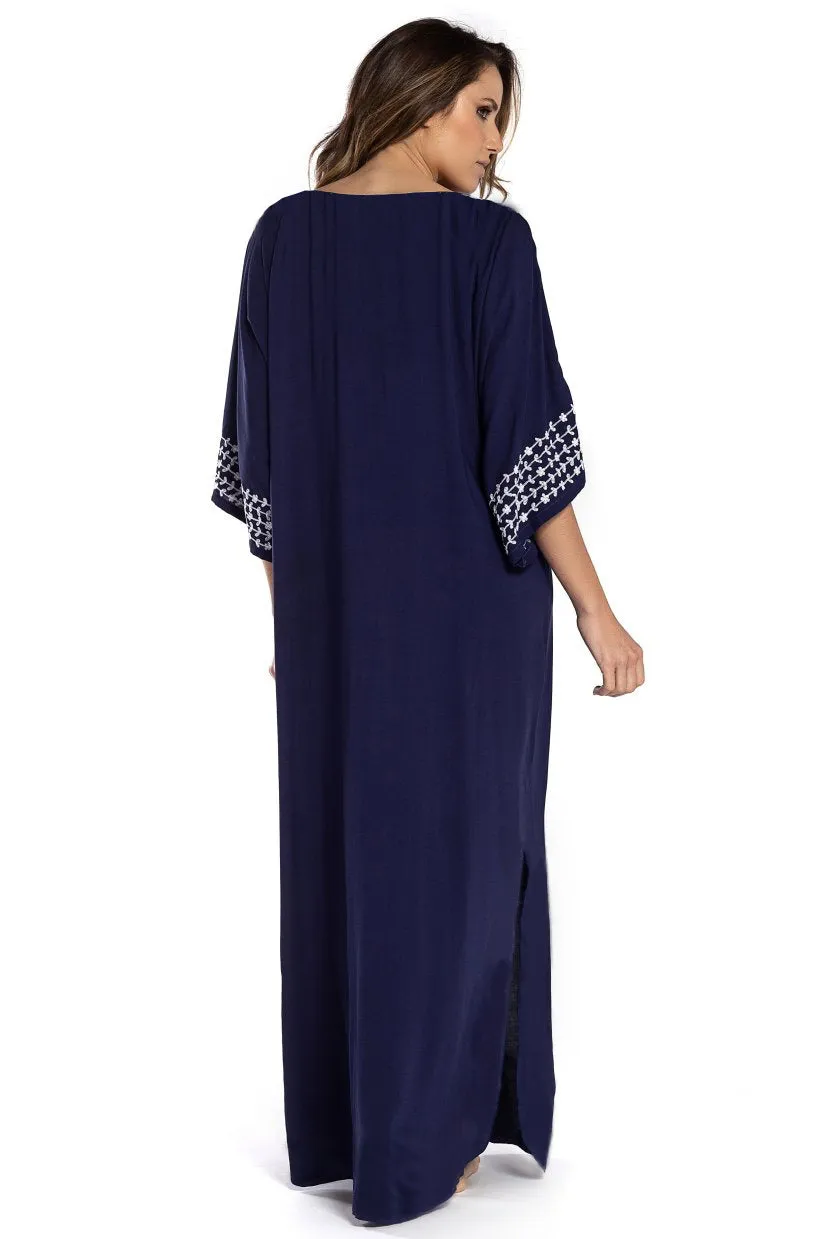 Embroidered V-Neck Beach Kaftan Short Sleeve Swimsuit Cover Up