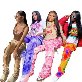 Fashion printed multi-pocket pants （AY1283)