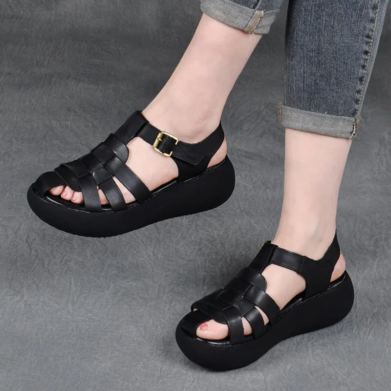 Leather Hollow Woven High Heel Platform Hollow Toe-toe Trifle Roman Sandals