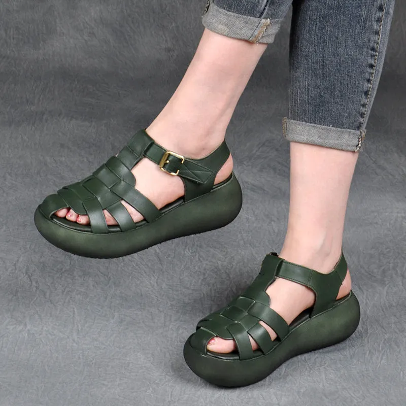Leather Hollow Woven High Heel Platform Hollow Toe-toe Trifle Roman Sandals