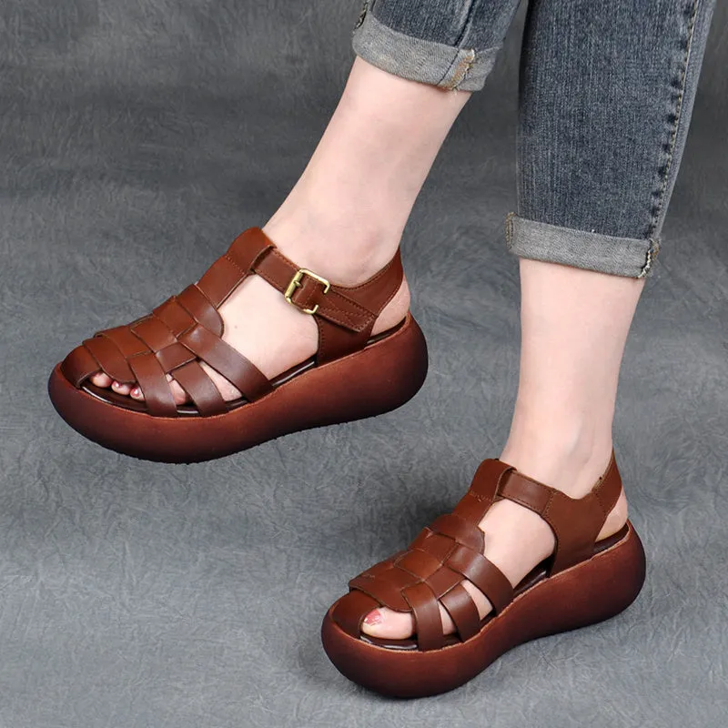 Leather Hollow Woven High Heel Platform Hollow Toe-toe Trifle Roman Sandals