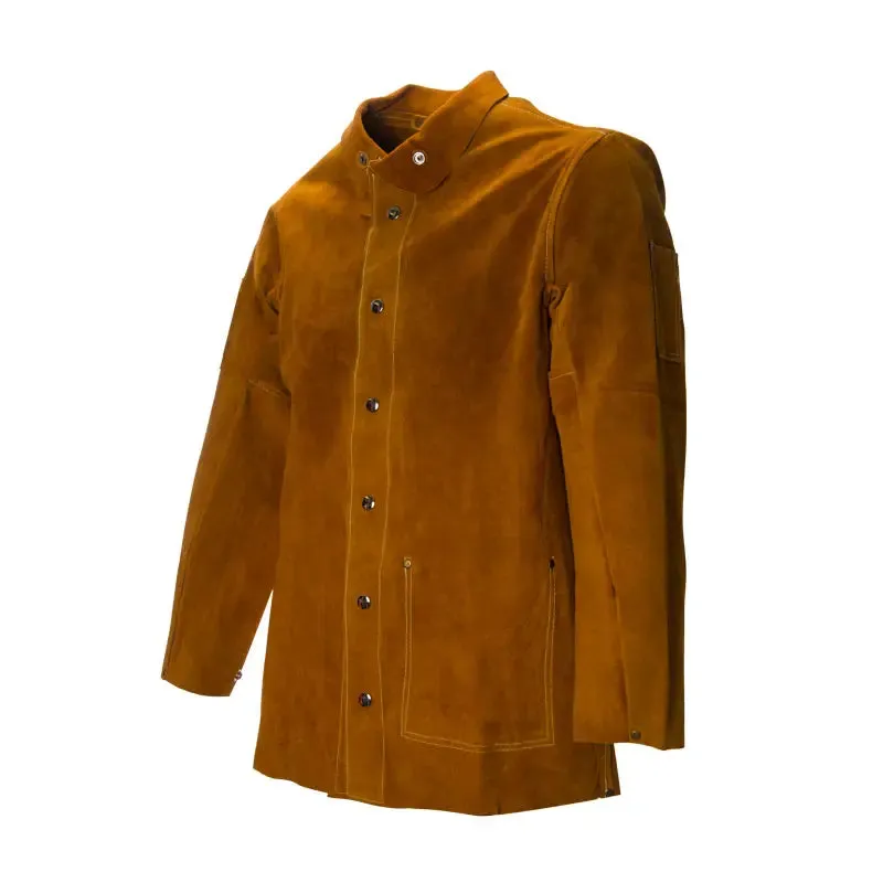 Leather Welding Work Jacket, Flame Resistant, Heavy Duty Split Cowhide, Tan, 5 Sizes