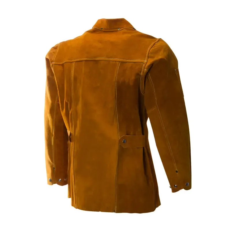 Leather Welding Work Jacket, Flame Resistant, Heavy Duty Split Cowhide, Tan, 5 Sizes