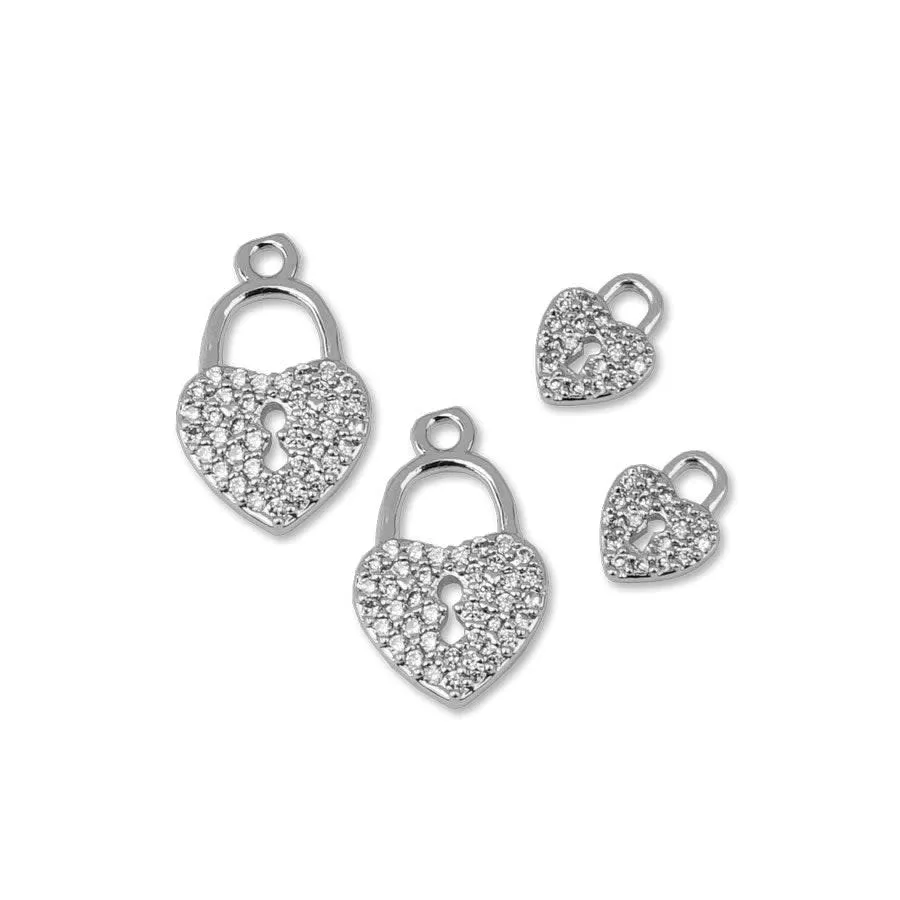 Locked Up in Love Crystal Heart Charm Set - Rhodium Plated