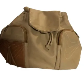 Marco Buggiani caramel and tan brown colored leather, two strap,  XL drawstring top, multi-pocket, messenger bag/backpack