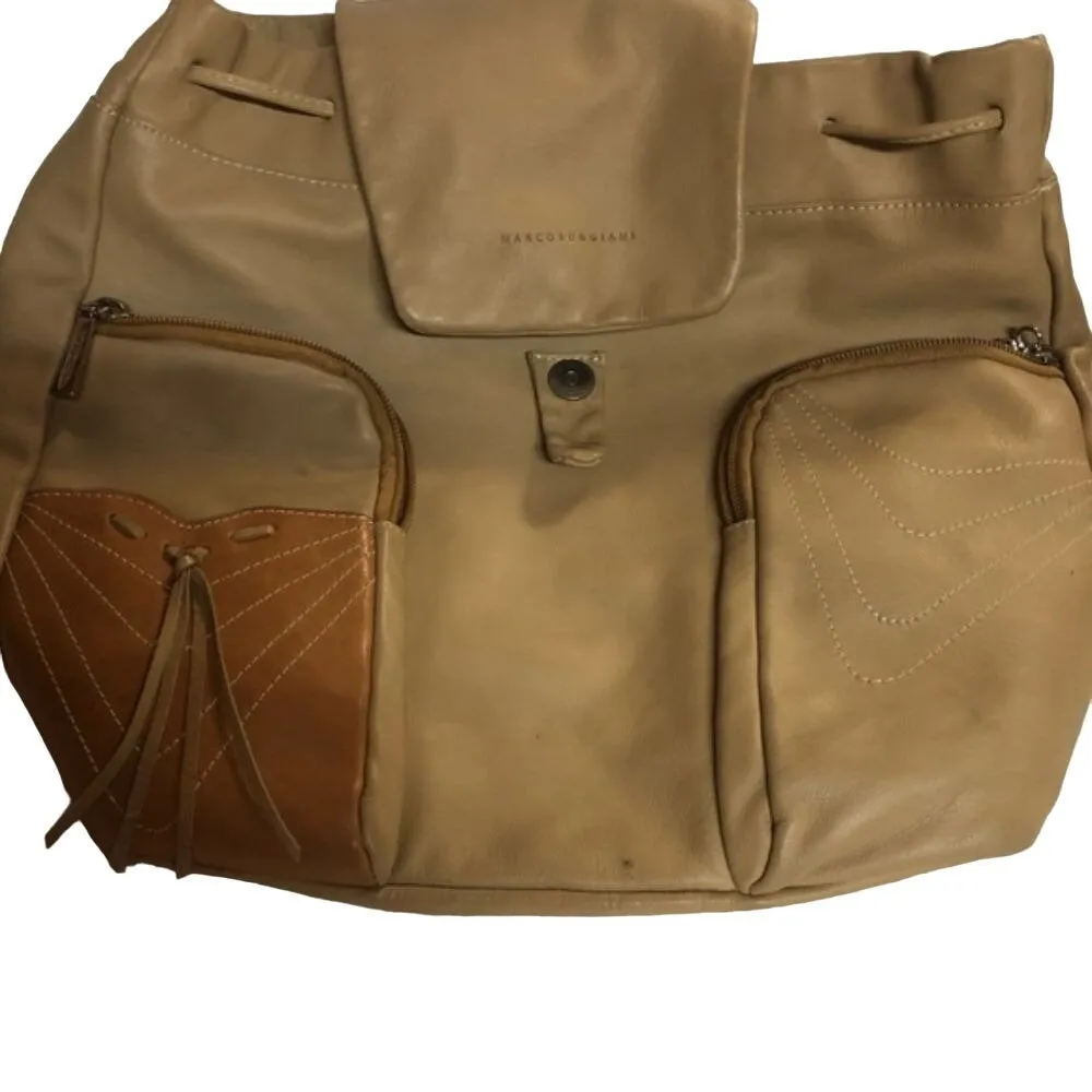 Marco Buggiani caramel and tan brown colored leather, two strap,  XL drawstring top, multi-pocket, messenger bag/backpack