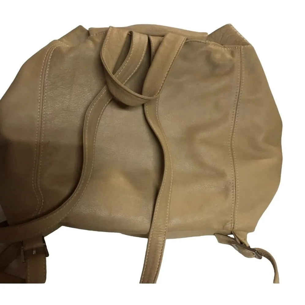 Marco Buggiani caramel and tan brown colored leather, two strap,  XL drawstring top, multi-pocket, messenger bag/backpack