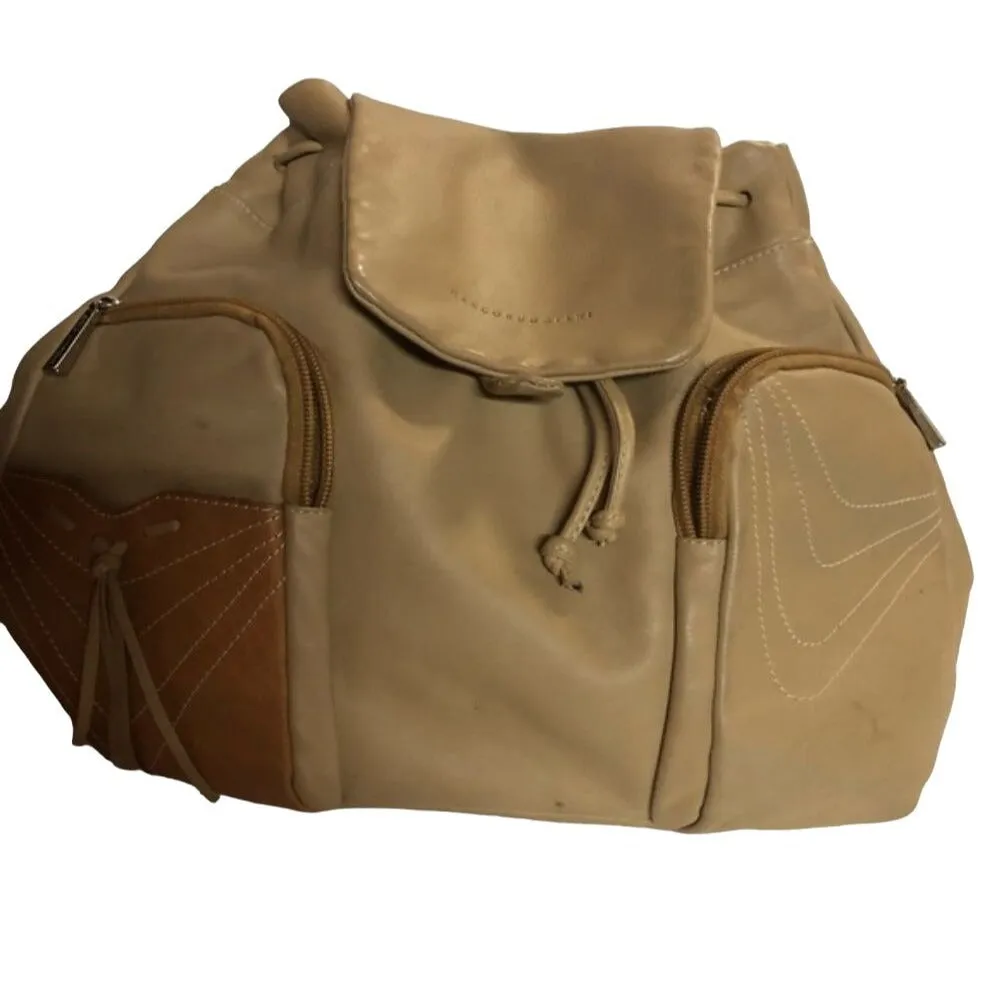 Marco Buggiani caramel and tan brown colored leather, two strap,  XL drawstring top, multi-pocket, messenger bag/backpack