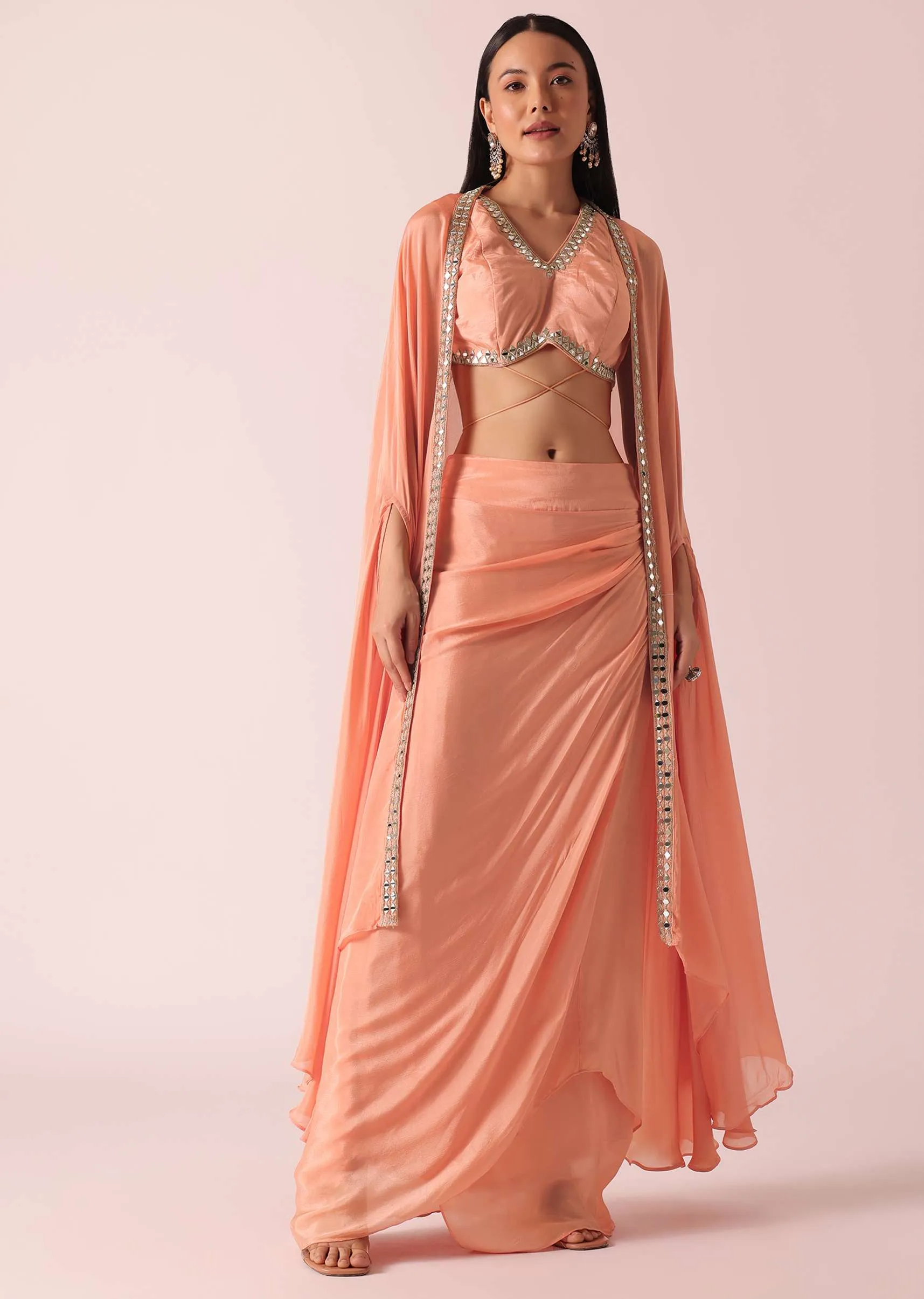 Peach Jacket And Dhoti Set With Mirror Work
