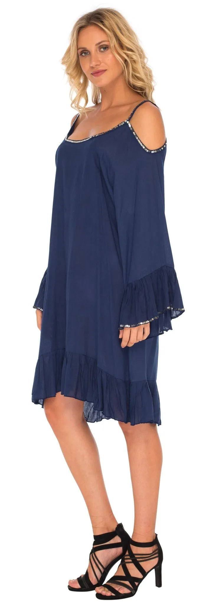 SHU-SHI Women's Cold Shoulder Tunic Shift Swing Dress with Gold Bead Neckline and Bell Sleeves Kaftan