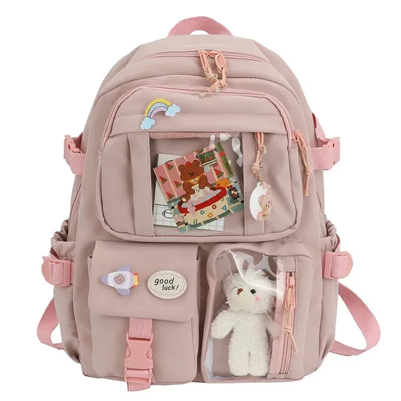 UAKISS  -  School Backpack Girl Korean Multi Pocket Nylon Cute Book Elementary Teen Casual Junior High School Student Bag For Girls Mochila