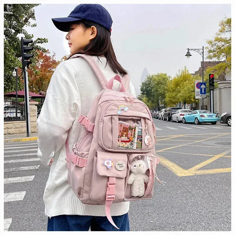 UAKISS  -  School Backpack Girl Korean Multi Pocket Nylon Cute Book Elementary Teen Casual Junior High School Student Bag For Girls Mochila