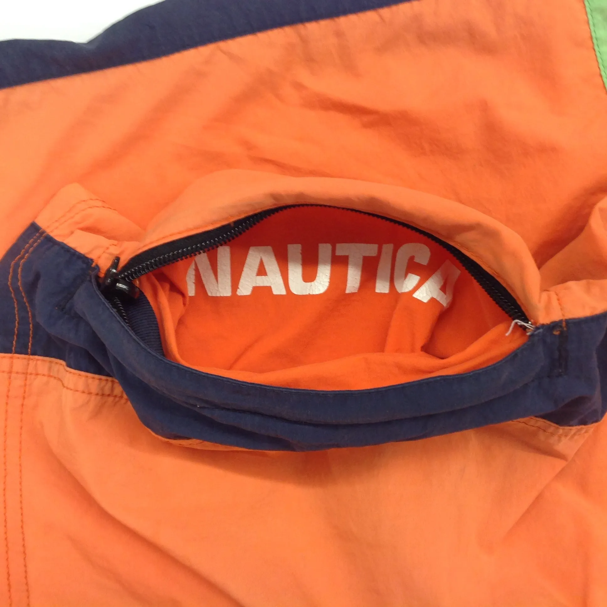 Vintage Nautica Men's Large Nylon Polyester Bathing Suit Swim Trunks Board Shorts Orange Neon Green Navy Blue Blocks